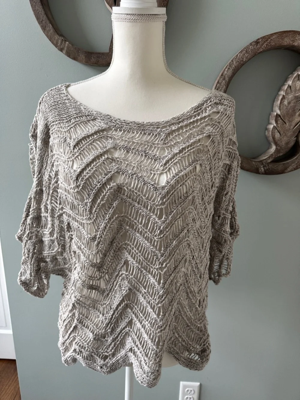 Eileen Fisher Open-Knit Chevron Scoop Neck Sweater - Taupe Grayish Size XL